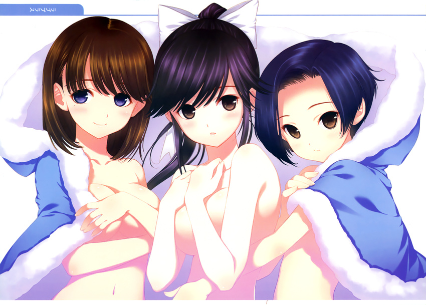 anegasaki_nene bangs bare_shoulders blue_eyes blue_hair bow brown_eyes brown_hair covering covering_breasts hair_bow highres kobayakawa_rinko long_hair looking_at_viewer love_plus mole mole_under_eye multiple_girls navel nude parted_bangs parted_lips ponytail scan shirahane_nao short_hair smile takane_manaka upper_body