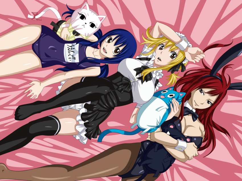 blonde_hair blue_hair bunny_ears bunnygirl cleavage dolls erza_scarlet fairy_tail lucy_heartfilia maid red_hair swimsuit thighhighs