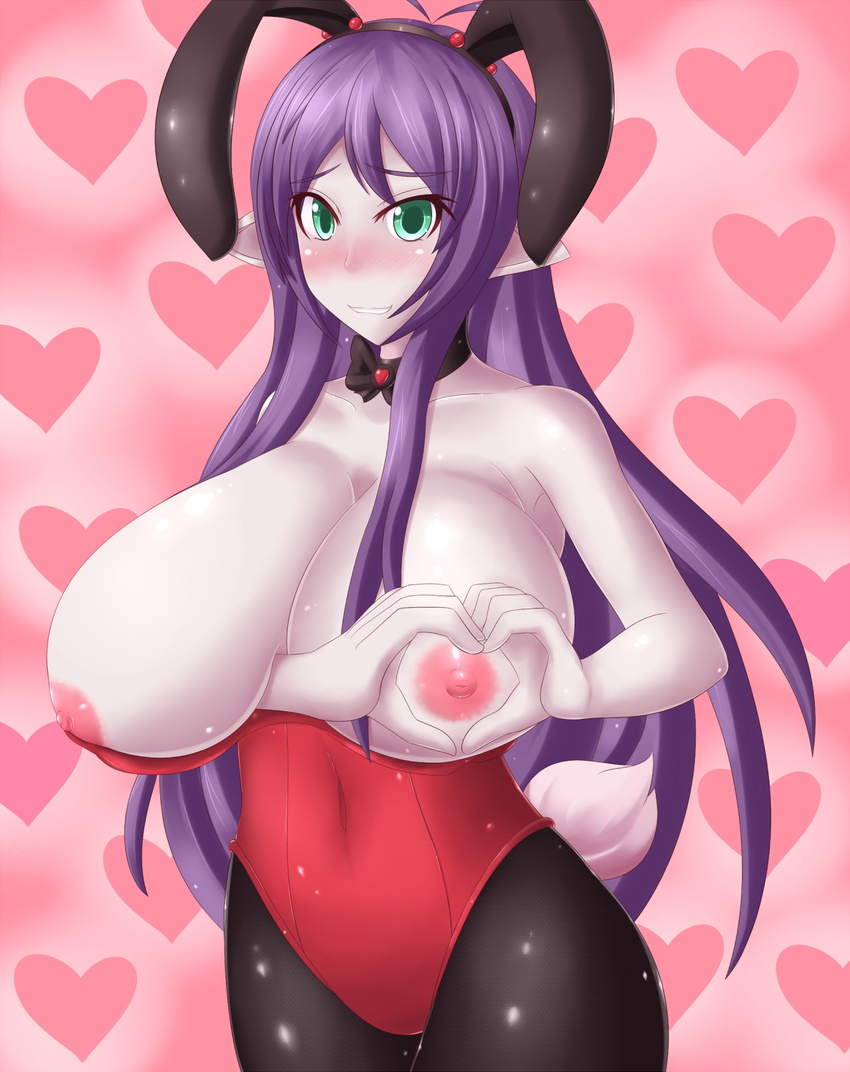1girl animal_ears bare_shoulders breasts breasts_outside bunny_ears bunny_girl bunny_tail bunnysuit choker eira eira_(jcdr) female green_eyes hair_ornament heart highres huge_breasts jcdr long_breasts long_hair nipples original pantyhose pointy_ears purple_hair solo standing tail valentine