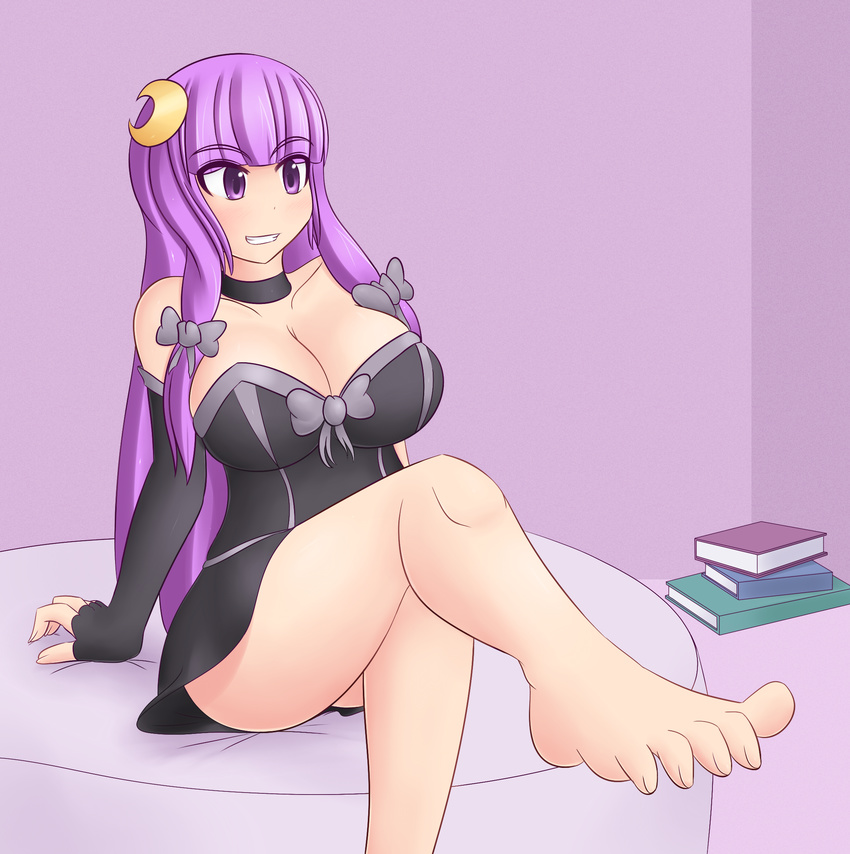 1girl bare_shoulders breasts choker cleavage detached_sleeves dress feet female hair_ornament highres huge_breasts jcdr legs long_hair patchouli_knowledge purple_eyes purple_hair short_skirt sitting skirt solo toes touhou