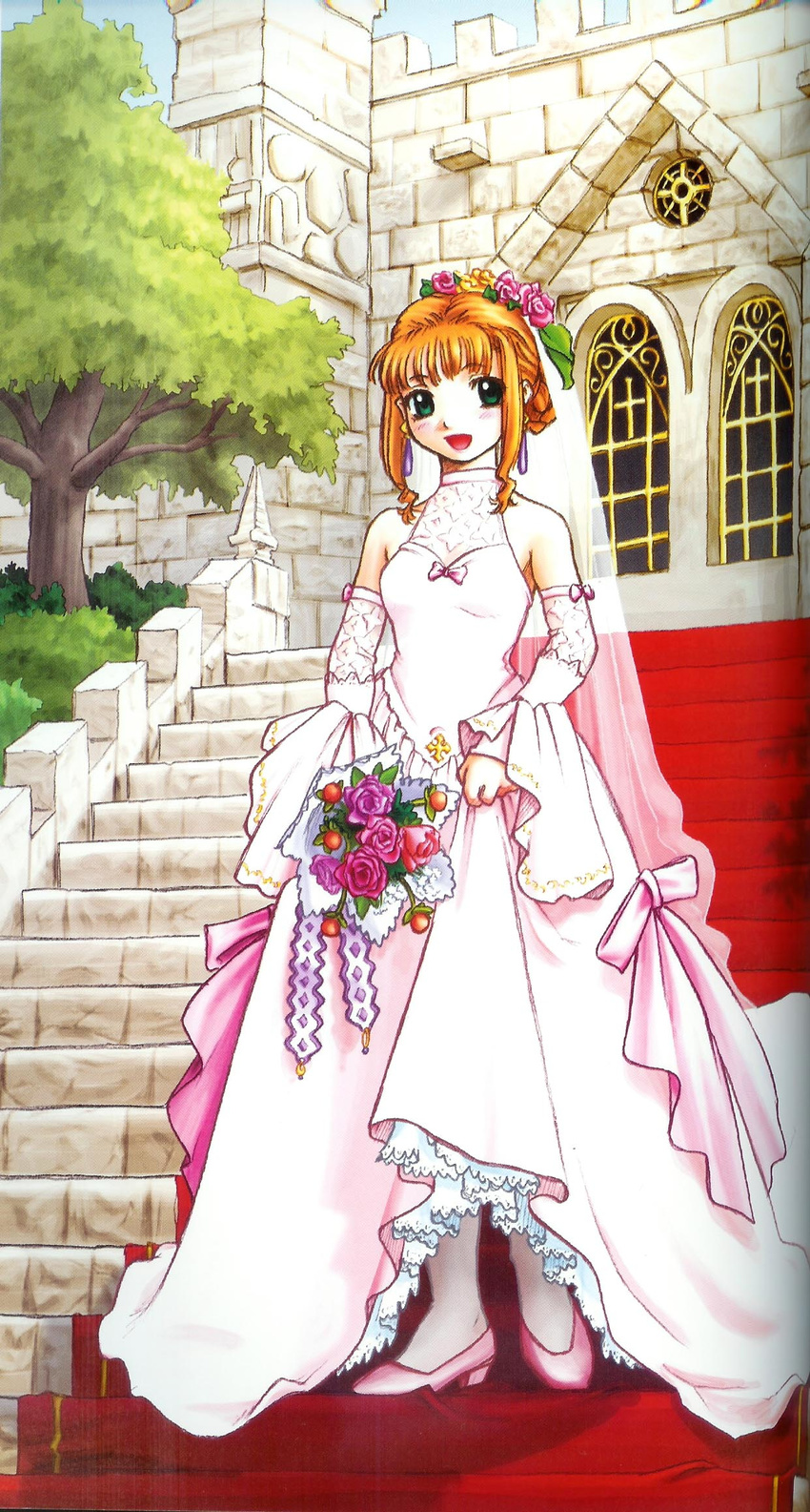 bangs battlement blonde_hair bouquet bridal_veil bride church cornet_espoir detached_sleeves dress earrings flower full_body green_eyes hair_bun hair_flower hair_ornament happy high_heels highres jewelry looking_at_viewer marl_kingdom official_art open_mouth orange_hair outdoors pantyhose petticoat pink_footwear red_carpet rhapsody ribbon ryoji_(nomura_ryouji) scan shoes sidelocks skirt_hold sleeveless sleeveless_dress smile solo stairs standing stone_wall train_(clothing) tree veil wall wedding wedding_dress white_dress