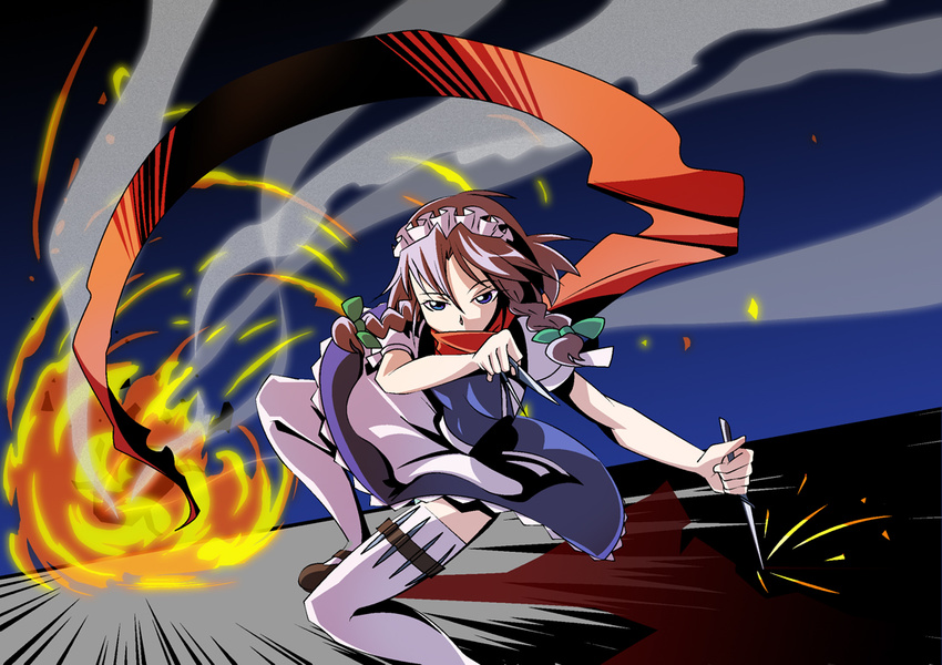 brown_hair clenched_hand explosion fire flame izayoi_sakuya looking_at_viewer ninja parody red_scarf scarf shokkin silhouette solo spiked_hair strider_(video_game) strider_hiryuu touhou uniform