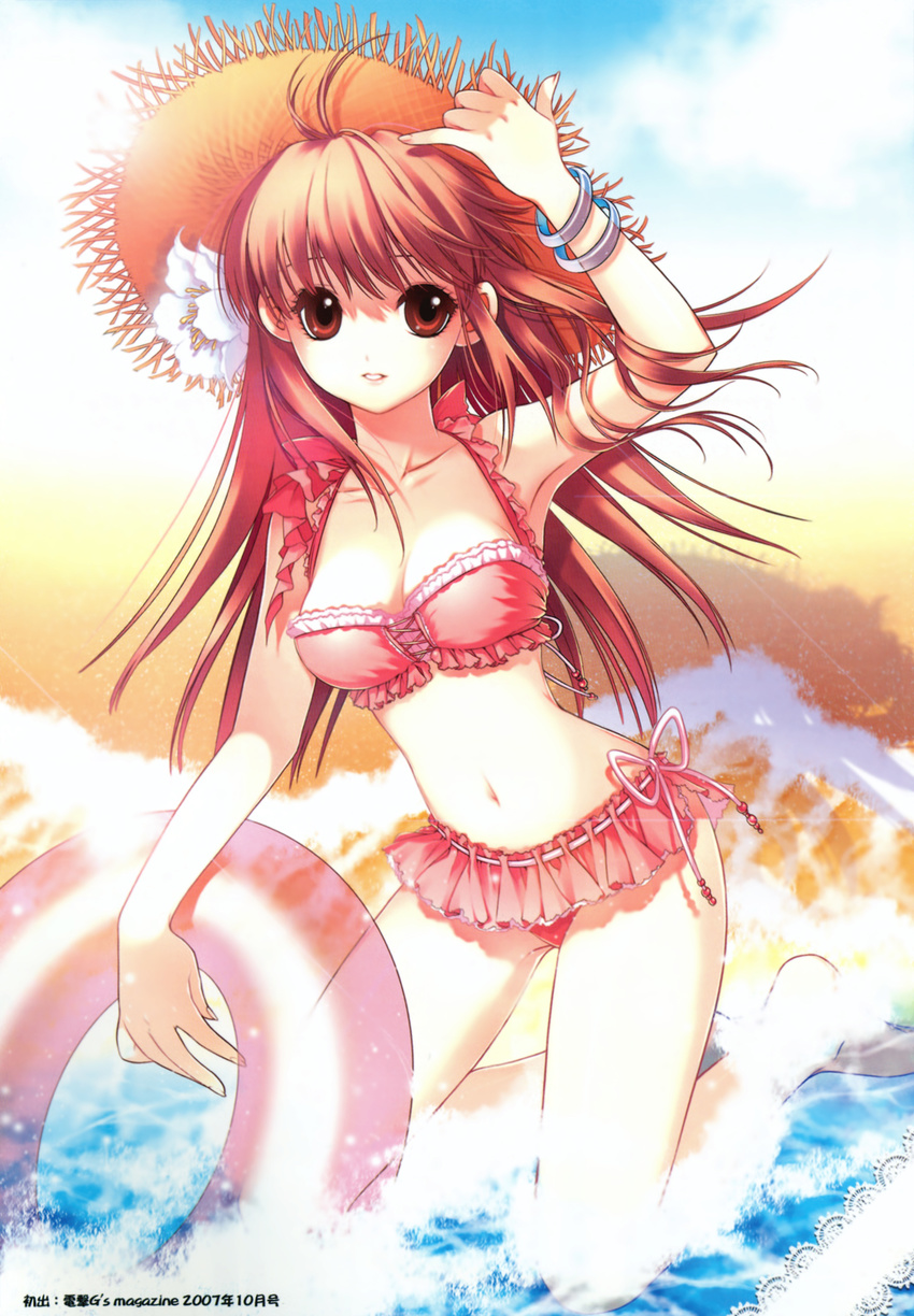 2007 absurdres arm_up beach bikini bracelet brown_eyes brown_hair copyright_request cross-laced_clothes frilled_bikini frills hat highres innertube jewelry kneeling long_hair looking_at_viewer parted_lips pink_bikini red_eyes red_hair ribbon-trimmed_bikini shirahane_nao solo straw_hat sun_hat swimsuit water