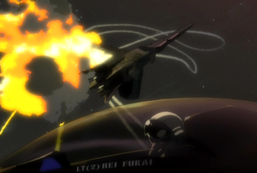 aircraft airplane battle explosion ffr-31mr/d_super_sylph fighter_jet fukai_rei_(yukikaze) helmet jet military military_vehicle missile pilot screencap sentou_yousei_yukikaze star_(sky)