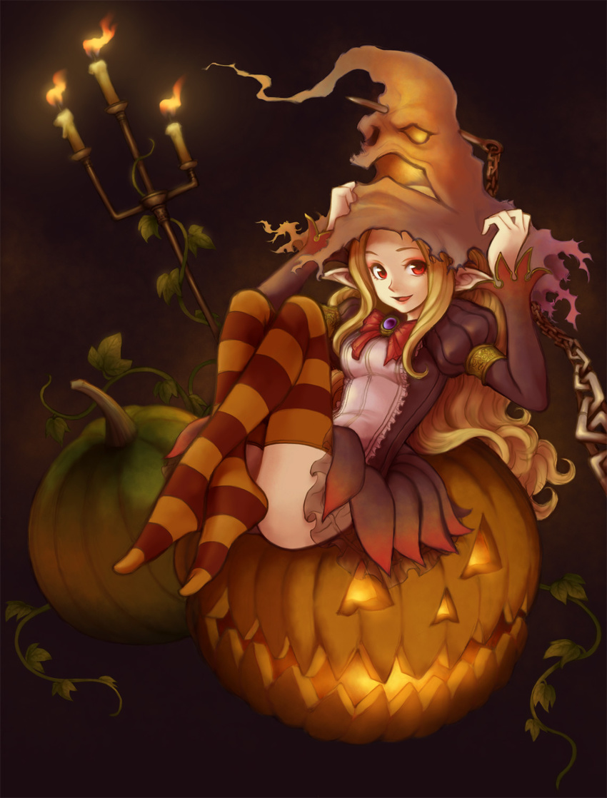 blonde_hair candle chain hat highres long_hair original pointy_ears pumpkin red_eyes sitting solo striped striped_legwear thighhighs toshi