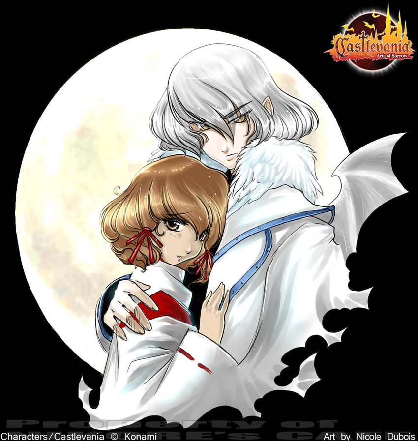 1girl castlevania castlevania:_aria_of_sorrow hakuba_mina hug jacket japanese_clothes moon nicole_dubois orange_hair pointy_ears soma_cruz watermark white_hair wings yellow_eyes