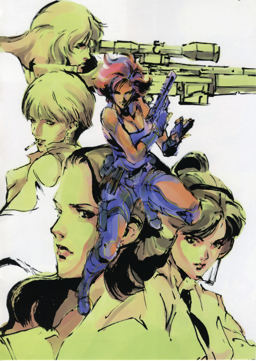 absurdres aiming bare_shoulders breasts cigarette cleavage earrings gun highres holding holding_gun holding_weapon jewelry mei_ling meryl_silverburgh metal_gear_(series) metal_gear_solid mouth_hold multiple_girls naomi_hunter nastasha_romanenko official_art shinkawa_youji short_hair sniper_wolf stud_earrings weapon