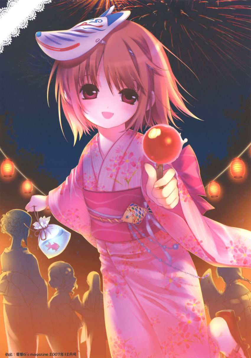 absurdres aerial_fireworks bag bagged_fish brown_hair candy_apple fireworks fish floral_print food fox_mask goldfish happy highres japanese_clothes kimono mask mask_on_head night obi orange_hair original pink_eyes pink_kimono red_eyes sash scan shirahane_nao short_hair solo_focus yukata