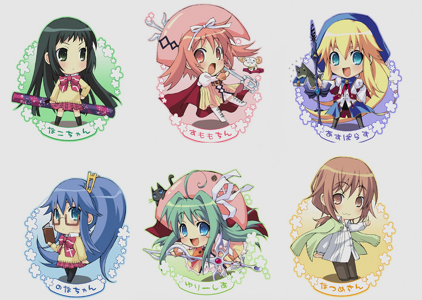 5girls :3 akihime_sumomo aqua_eyes arthur_matsuda artist_request bell blonde_hair blue_eyes blue_hair blush book brown_eyes brown_hair cat chibi croix dog dress flower green_eyes green_hair happy hat highres kisaragi_natsume long_hair multiple_girls nanatsuiro_drops prima_aspallas red_eyes red_hair ribbon satsuki_julirsia school_uniform serious smile staff translated very_long_hair yaeno_nadeshiko yuki-chan yuuki_nona