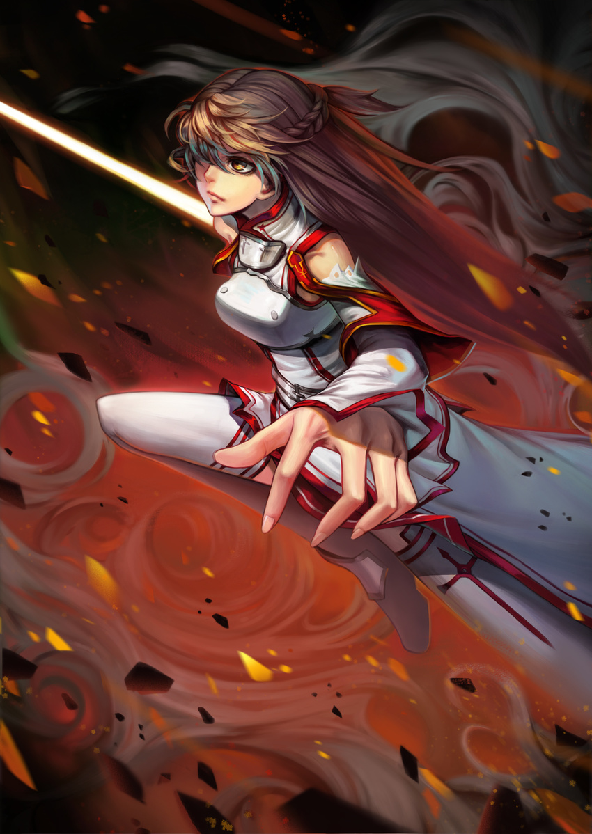 asuna_(sao) bare_shoulders breastplate brown_eyes brown_hair detached_sleeves highres kote_(tures) long_hair skirt solo sword sword_art_online thighhighs weapon white_legwear