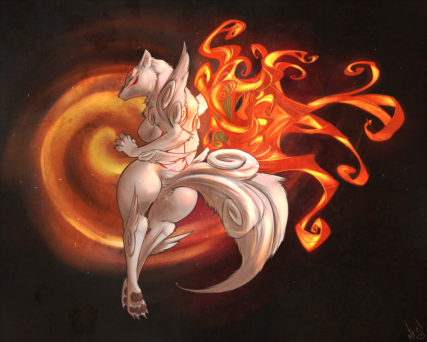 &#332;kami ?kami amaterasu atryl back butt canine claws deity digitigrade female fur hindpaw mammal nude pawpads paws soles solo toes video_games white_fur wolf
