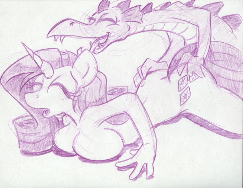 all_fours anthro anthrofied breasts butt butt_grab cutie_mark doggystyle dragon duo equine female friendship_is_magic from_behind happy happy_sex horn interspecies king-cheetah lying male mammal moan my_little_pony on_front penetration rarity_(mlp) scalie sex sketch spike_(mlp) straight tongue tongue_out unicorn