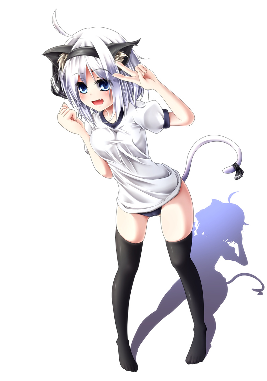 alternate_costume animal_ears black_legwear blue_eyes buruma cameltoe cat_ears cat_tail evandragon fang gym_uniform hair_ribbon highres konpaku_youmu looking_at_viewer no_shoes open_mouth puffy_sleeves ribbon shirt short_sleeves silver_hair simple_background smile solo tail tail_raised thighhighs touhou v white_background