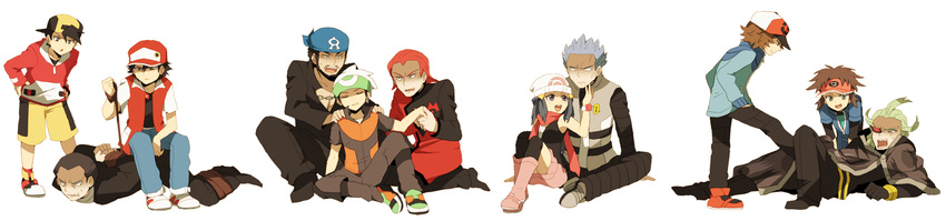 6+boys :d :o age_difference akagi_(pokemon) akasata aogiri_(pokemon) arm_rest arms_behind_back backwards_hat bandages baseball_cap beanie black_footwear black_gloves black_hair black_legwear black_pants blue_jacket boots bound brown_hair cape chain closed_eyes facial_hair furrowed_eyebrows geechisu_(pokemon) gloves gold_(pokemon) green_footwear green_hair grey_eyes grey_footwear grey_hair groin_attack hair_between_eyes hair_ornament hand_on_another's_face hands_in_pockets hands_on_another's_shoulders hands_on_hips hat highres hikari_(pokemon) holding holding_hand jacket knee_up knees_up kyouhei_(pokemon) leaning_forward legs_apart long_hair long_image long_sleeves looking_at_another looking_away lying massage matsubusa_(pokemon) monocle multiple_boys mustache on_back on_stomach one_eye_covered open_mouth pants parted_lips pink_footwear pink_skirt poke_ball_symbol pokemon pokemon_(game) pokemon_bw pokemon_bw2 pokemon_dppt pokemon_emerald pokemon_gsc pokemon_rgby pokemon_rse purple_eyes red_(pokemon) red_(pokemon_rgby) red_footwear red_hair red_hat red_scarf sakaki_(pokemon) scared scarf shaded_face shoes short_over_long_sleeves short_sleeves shorts sideburns simple_background sitting sitting_on_person skirt sleeveless smile smirk spiked_hair standing standing_on_one_leg stepped_on sweat team_magma team_plasma team_rocket thighhighs tied_up touya_(pokemon) undershirt v-shaped_eyebrows visor_cap white_background white_footwear wide_image widow's_peak yellow_shorts yuuki_(pokemon) zipper
