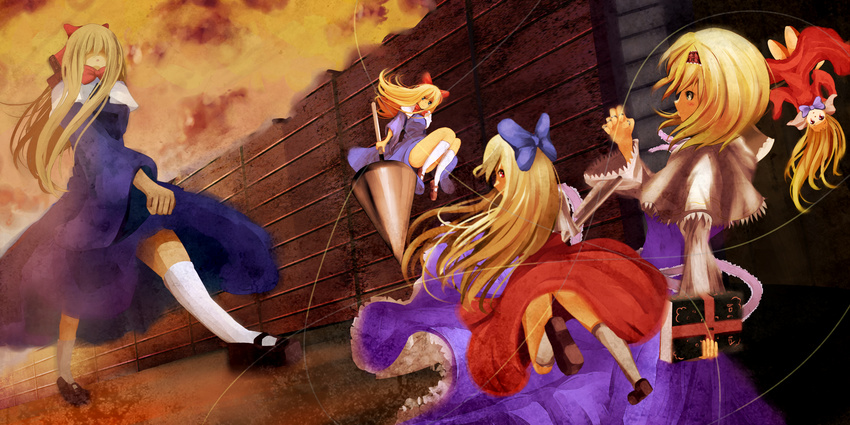 alice_margatroid blonde_hair blue_dress blue_eyes book bow capelet dress goliath_doll hair_bow headband highres hourai_doll jewelry kneehighs lance long_hair mary_janes natsu_narumi polearm puppet_rings puppet_strings ring shanghai_doll shoes short_hair solo touhou upside-down weapon