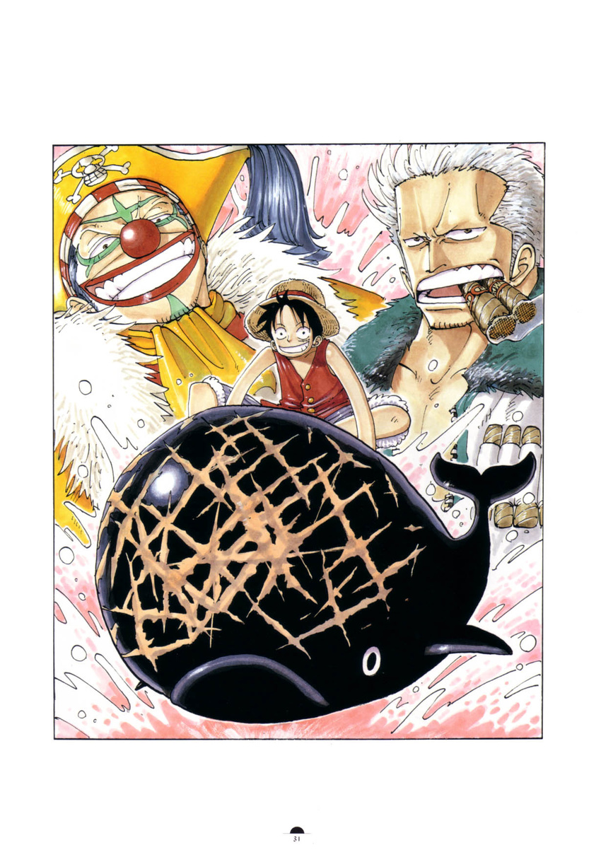 black_hair blue_hair border buggy_the_clown cigar face_paint facepaint hat highres jolly_roger laboon marine monkey_d_luffy oda_eiichirou official_art one_piece pirate pirate_hat red_vest scar siting sitting smile smoker straw_hat vest whale white_hair