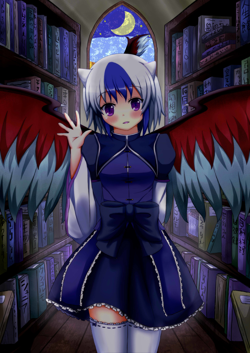 absurdres arm_behind_back banned_artist blush_stickers book bookshelf bow crescent_moon dress head_tilt head_wings highres looking_at_viewer moon multicolored_hair oohirakeisuke open_hand purple_eyes ribbon single_head_wing solo stained_glass star_(sky) thighhighs tokiko_(touhou) touhou two-tone_hair window wings