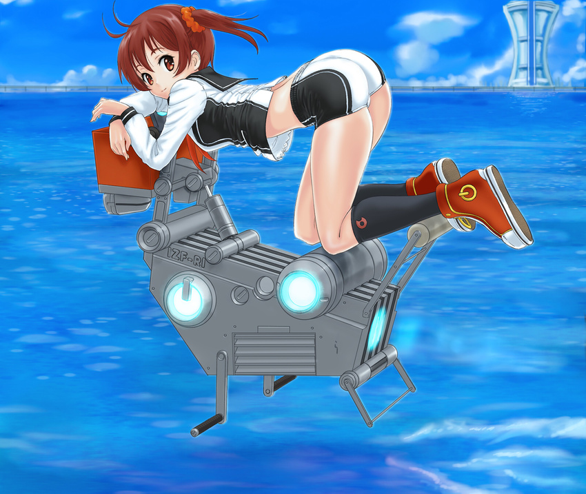 ass bent_over bicycle brown_eyes brown_hair building cloud day floating ground_vehicle highres isshiki_akane looking_at_viewer looking_back national_shin_ooshima_school_uniform rasukaru school_uniform short_hair short_shorts shorts smile twintails vividred_operation wanko_(vividred_operation) water