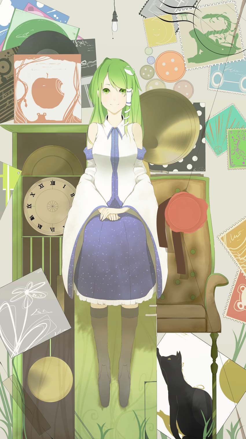 blush boots breasts buttons cat chair clock detached_sleeves frog_hair_ornament green_eyes green_hair hair_ornament hair_tubes highres kochiya_sanae light_bulb long_hair medium_breasts phonograph postage_stamp postmark record roman_numerals sitting smile snake_hair_ornament touhou yugeoryouki