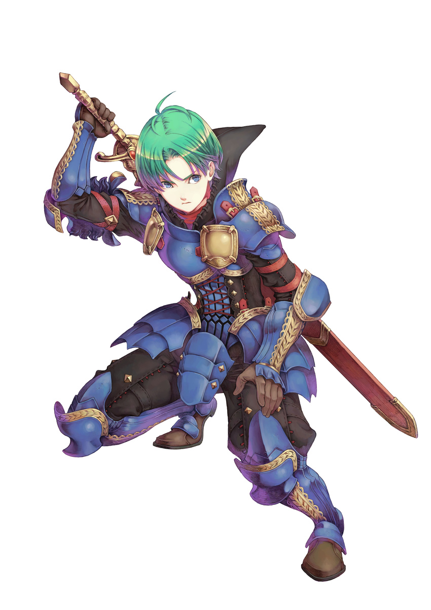 1boy absurdres alm_(fire_emblem) armor blue_eyes cape fire_emblem fire_emblem:_kakusei green_hair haccan highres male male_focus official_art solo sword weapon