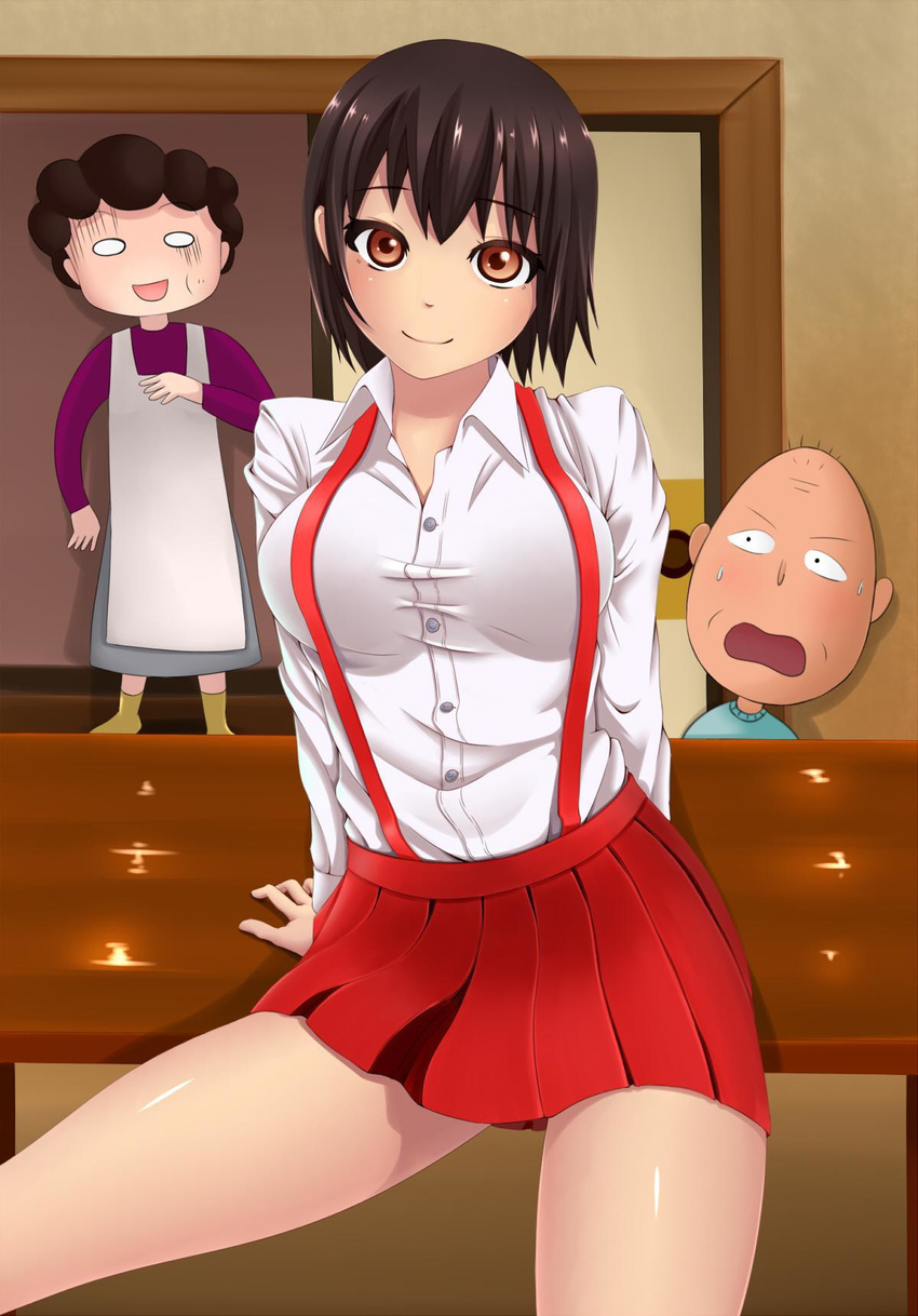 1boy 2girls age_difference bald blush breasts brown_eyes brown_hair brunette chibi_maruko-chan daughter family highres indoors large_breasts looking_at_viewer mother multiple_girls o_o older on_table open_mouth shiny shiny_skin short_hair smile surprised table teen teenage thigh thighs