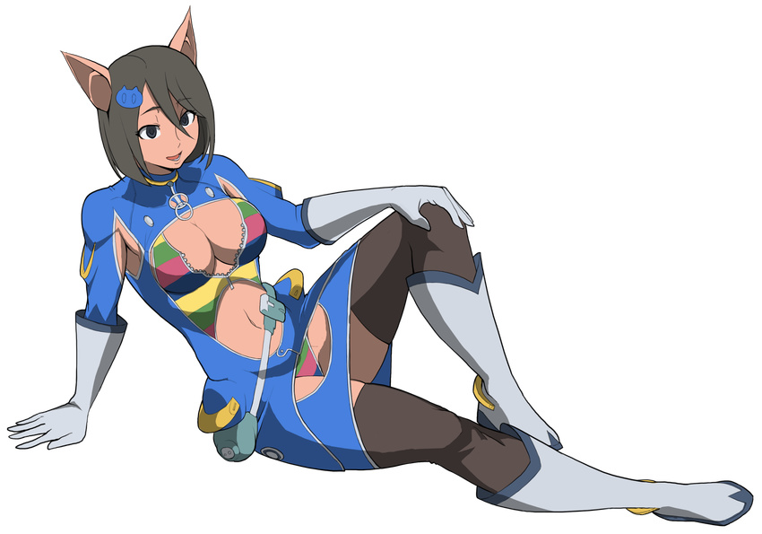 animal_ears baka_guruo black_hair blue_eyes breasts center_opening cleavage elbow_gloves full_body gloves hair_between_eyes hair_ornament hand_on_own_knee highres katakuchi_ikuo knee_up medium_breasts muchi_muchi_pork navel pig_ears revealing_clothes sitting solo thighhighs transparent_background white_gloves zipper