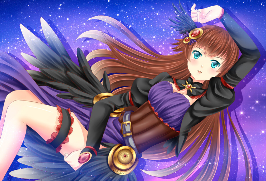 belt blue_eyes brown_hair dress feathers garters gem mirage_noir sigrun sigrun_(mirage_noir) valkyrie wings