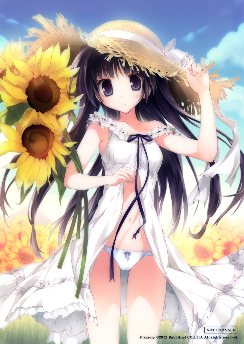 black_hair blue_eyes breasts cloud copyright_request day dress field flower flower_field hat highres karory long_hair off_shoulder open_clothes open_dress panties sky small_breasts solo strap_slip straw_hat sun_hat sundress sunflower underwear white_panties