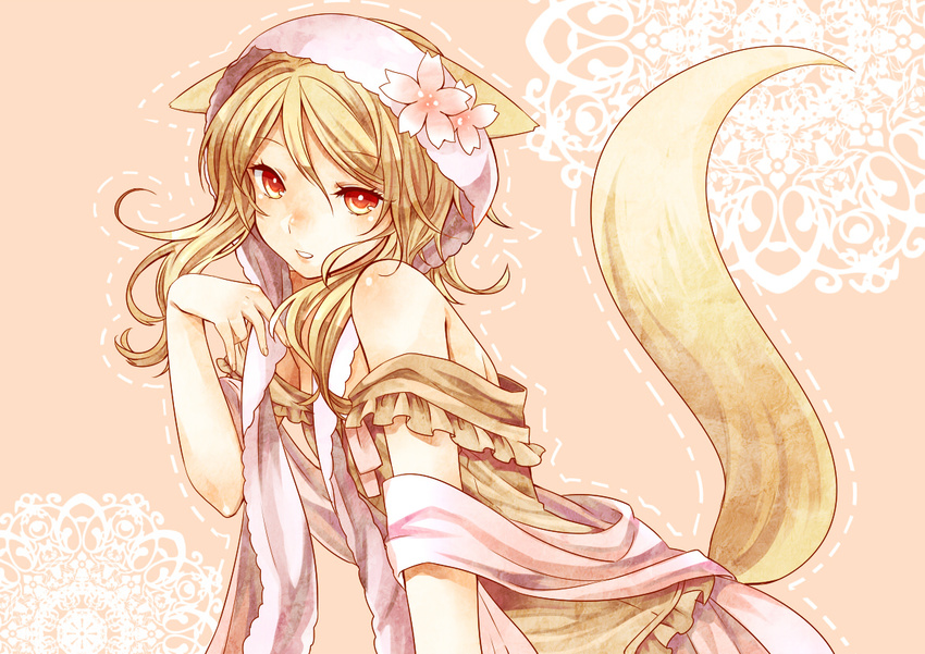 animal_ears blonde_hair blush fox_ears ooka_miko red_eyes solo tail toudou_charo utau