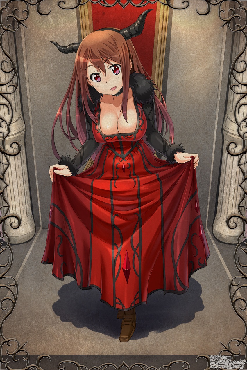 breasts brown_hair choker cleavage curtsey dress highres horns kimura_shigetaka large_breasts leaning_forward long_hair looking_at_viewer maou_(maoyuu) maoyuu_maou_yuusha purple_eyes red_eyes solo