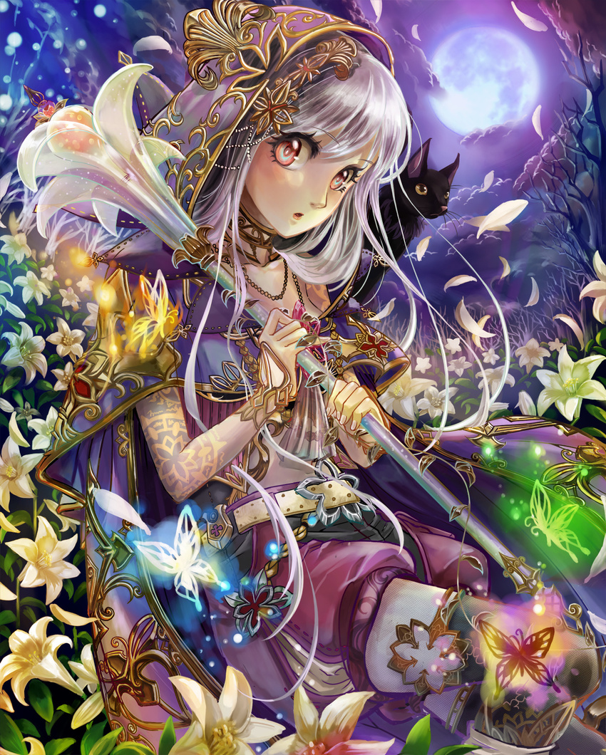 cape cat flower full_moon grey_hair highres hood long_hair moon night original petals red_eyes shorts sky solo staff