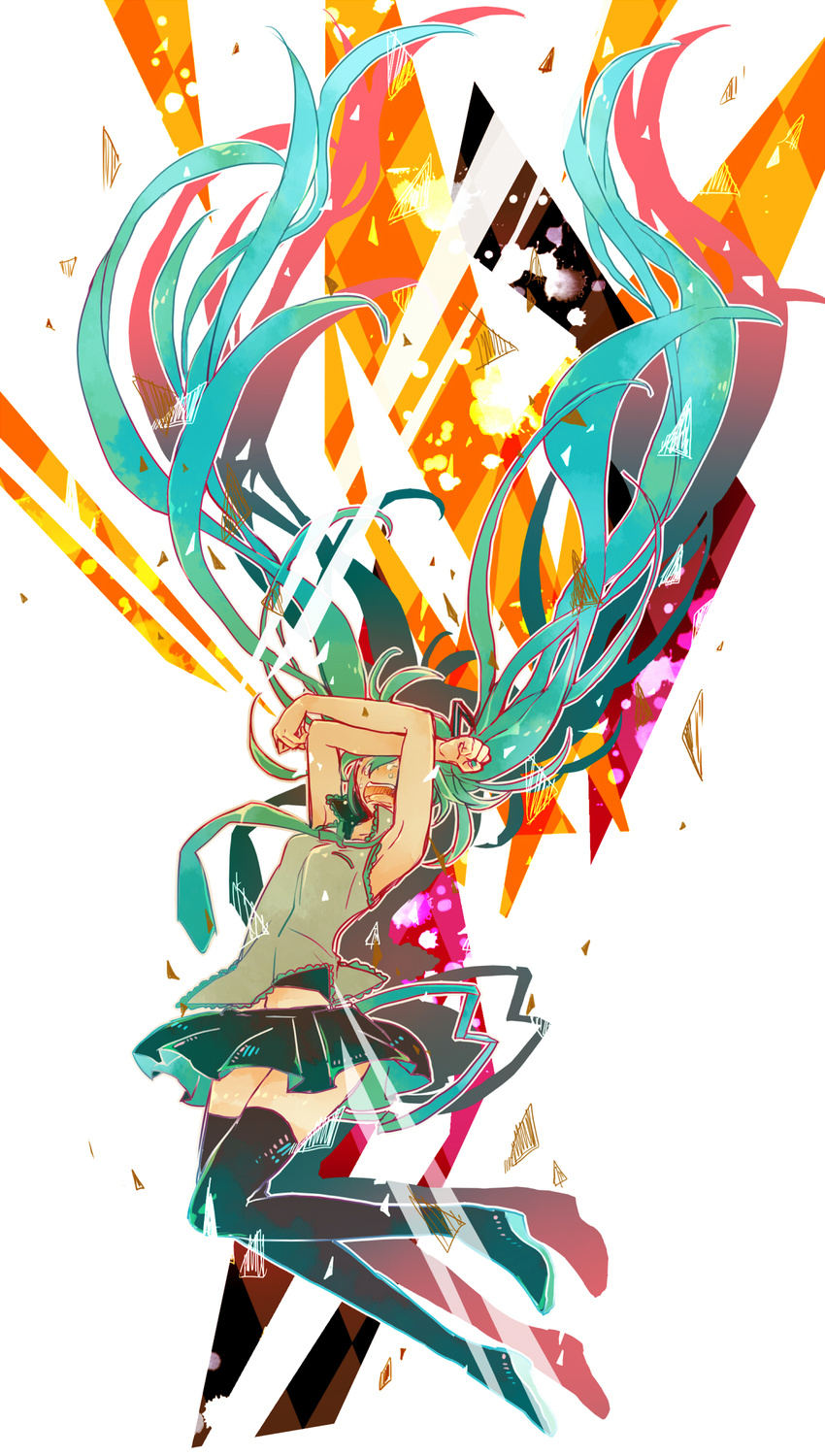 7:24 armpits arms_up boots floating_hair green_hair hatsune_miku highres long_hair necktie open_mouth skirt solo tears thigh_boots thighhighs twintails very_long_hair vocaloid