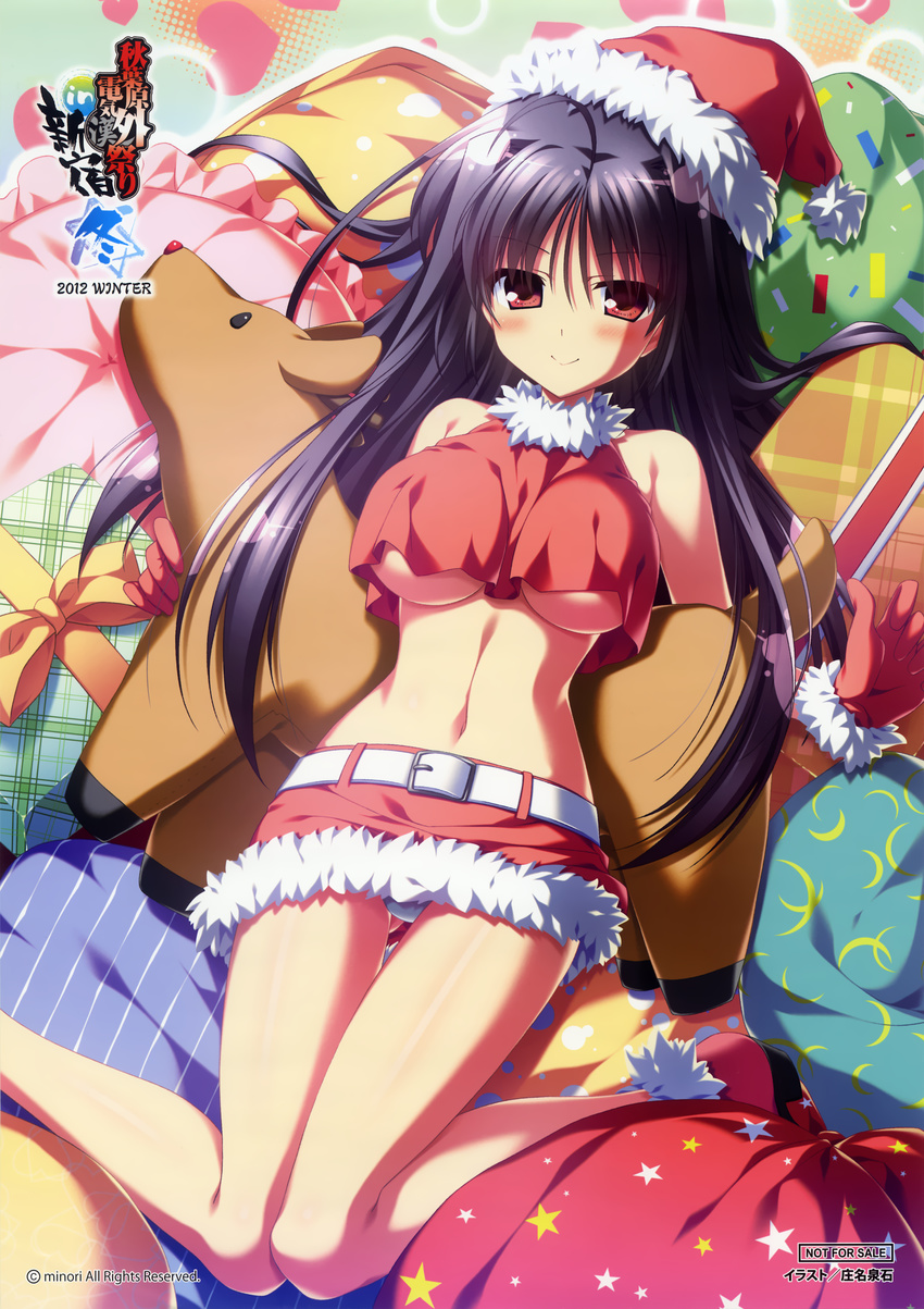 absurdres blue_hair blush breasts christmas copyright_name fur_trim hat highres knees_together_feet_apart large_breasts long_hair lying midriff natsuzora_no_perseus navel no_bra on_back panties pantyshot pillow red_eyes sack santa_costume santa_hat scan shouna_mitsuishi smile solo stuffed_animal stuffed_reindeer stuffed_toy tohno_ren underboob underwear white_panties