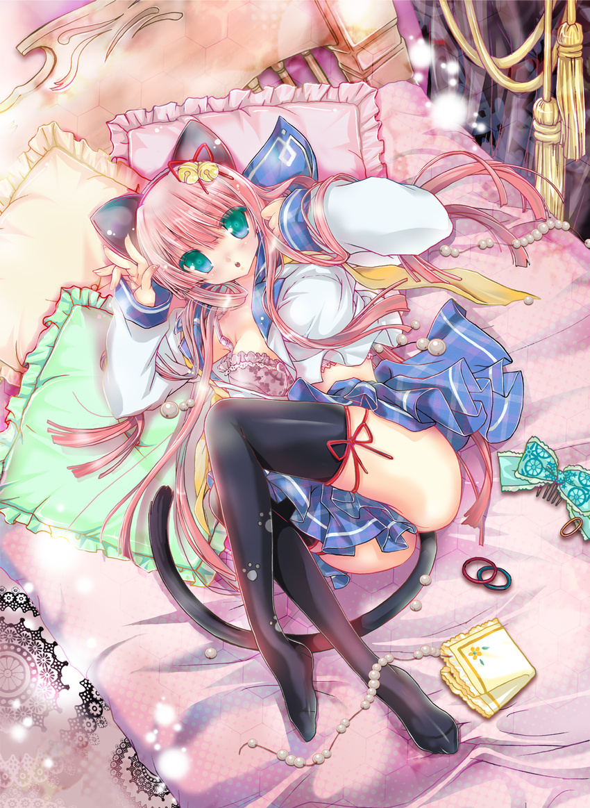 animal_ears aqua_eyes bad_id bad_pixiv_id bed bell black_legwear bow bra bracelet breasts cat_ears cat_tail comb hairband highres jewelry jingle_bell large_breasts long_hair necklace off_shoulder original pearl_necklace pillow_fight pink_bra pink_eyes school_uniform serafuku shisaki_tayu skirt solo tail thighhighs underwear