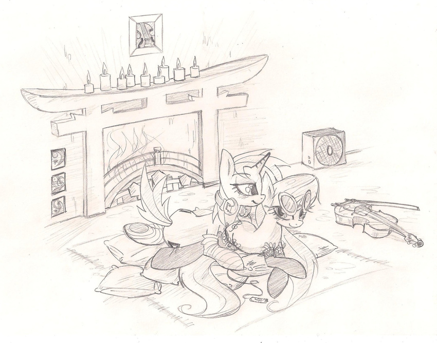 black_and_white candle candles couple cutie_mark equine eyewear female feral fire fireplace friendship_is_magic glasses headphones horn horse lesbian lolover lying mammal monochrome mp3 musical_instrument my_little_pony octavia_(mlp) pony sketch socks torii unicorn vinyl_scratch_(mlp) violin