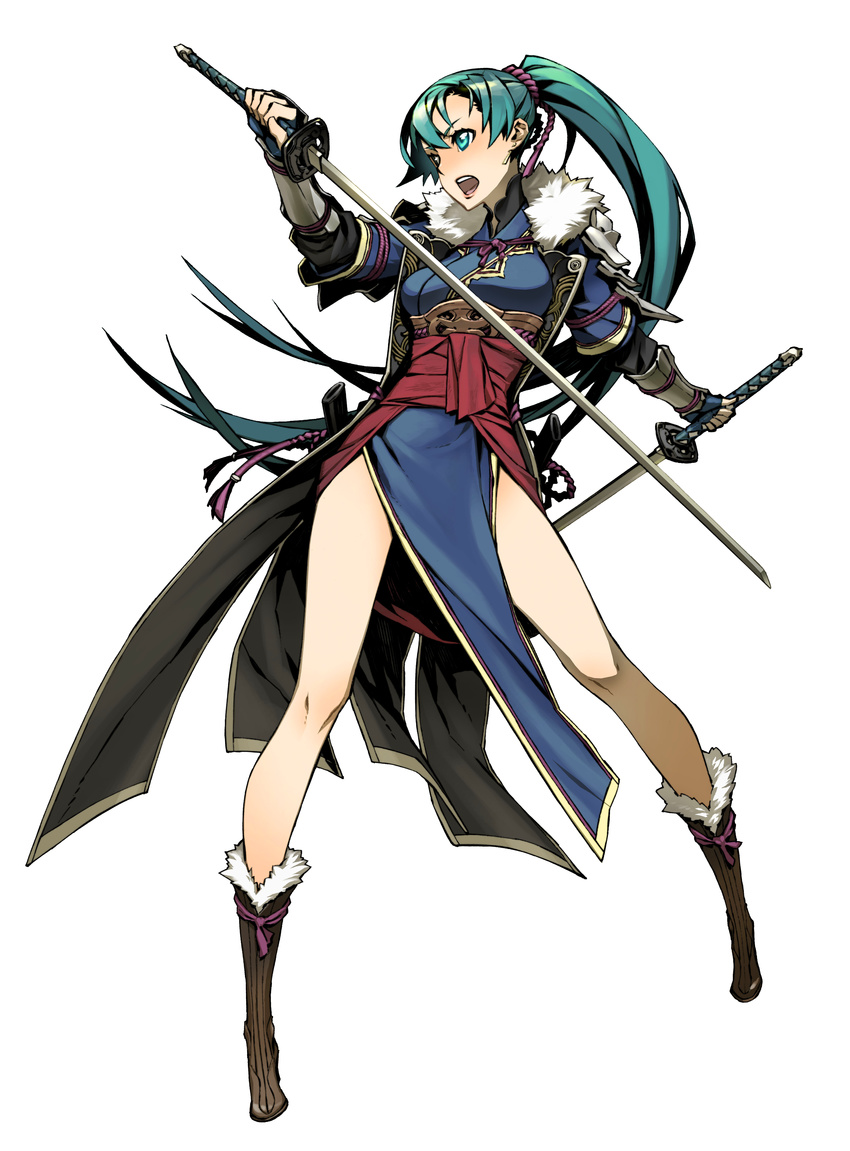 absurdres armor boots dual_wielding earrings fire_emblem fire_emblem:_kakusei fire_emblem:_rekka_no_ken full_body fur_trim green_eyes green_hair hair_ornament high_ponytail highres holding japanese_armor jewelry long_hair lyndis_(fire_emblem) miwa_shirou official_art open_mouth ponytail reverse_grip sash scan simple_background solo sword very_long_hair weapon white_background