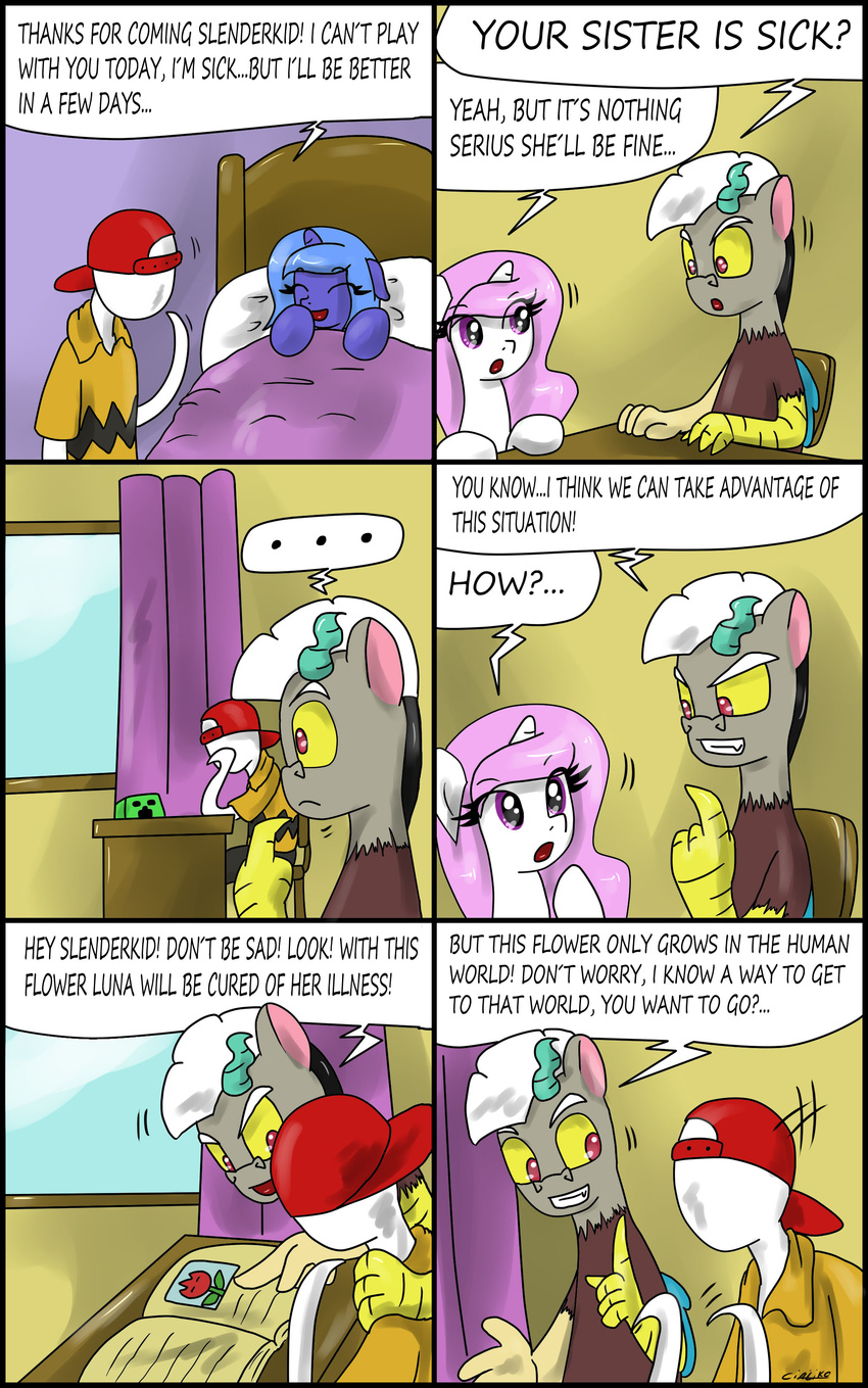 baseball_cap bed book ciriliko clothing comic creeper dialog discord_(mlp) draconequus english_text equine female feral friendship_is_magic hair hat horn horse lying mammal minecraft my_little_pony pillow pink_hair pony princess princess_celestia_(mlp) princess_luna_(mlp) purple_eyes red_eyes royalty slenderman text video_games winged_unicorn wings