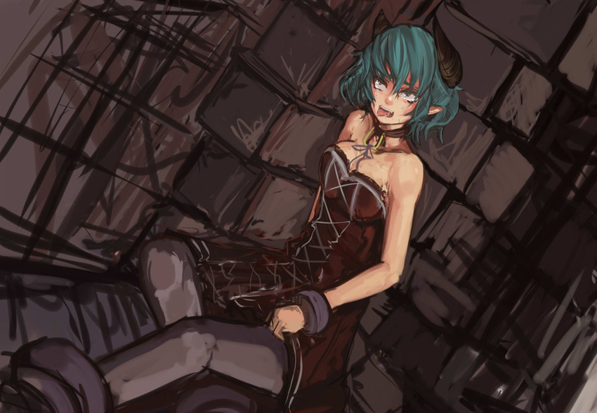 ahegao bare_shoulders black_legwear breasts choker cleavage collar cuffs demon_girl dress fang fiend_(juniper's_knot) green_hair highres horns juniper's_knot large_breasts panties_(pantsu-pirate) pantyhose pointy_ears rolling_eyes shackles short_hair sitting solo strapless strapless_dress sweat tongue tongue_out yellow_eyes