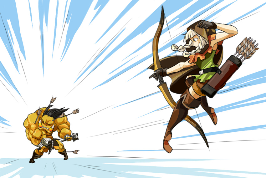 arrow axe battle blonde_hair boots bow_(weapon) braid cloak dragon's_crown elf elf_(dragon's_crown) gloves hood mace matsu-sensei muscle orc pointy_ears quiver shorts speed_lines thigh_boots thighhighs twin_braids weapon