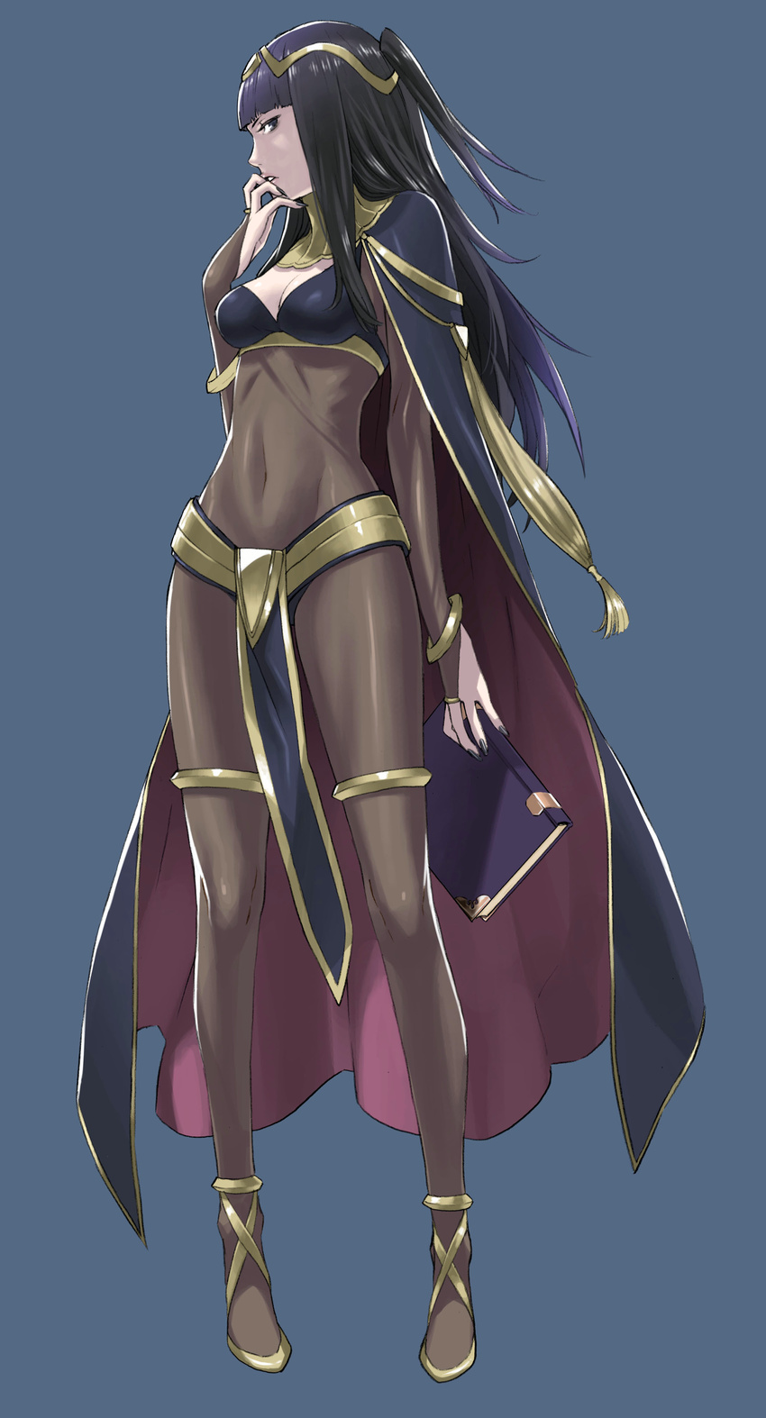 absurdres bangs black_eyes black_hair blunt_bangs bodysuit book bracelet breasts bridal_gauntlets cape cleavage covered_navel fingernails fire_emblem fire_emblem:_kakusei full_body hand_to_own_mouth headpiece highres jewelry kozaki_yuusuke long_fingernails long_hair medium_breasts nail_polish official_art parted_lips scan simple_background solo standing tharja two_side_up