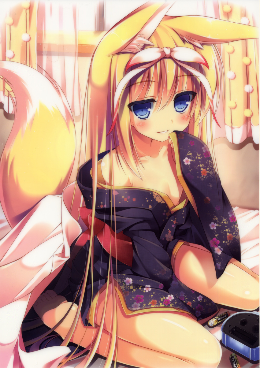 absurdres animal_ears barefoot battery bed blonde_hair blue_eyes clock fox_ears fox_tail hair_ribbon highres huge_filesize japanese_clothes kimono long_hair nozomi_tsubame off_shoulder original ribbon smile solo suzuha_(nozomi_tsubame) tail