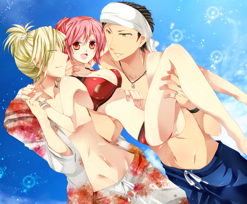 1girl 2boys akatsuki_yakyou bikini black_hair blonde_hair character_request earrings highres jewelry multiple_boys necklace pink_hair red_eyes shorts sky swimsuit tokimeki_memorial tokimeki_memorial_girl's_side tokimeki_memorial_girl's_side yellow_eyes