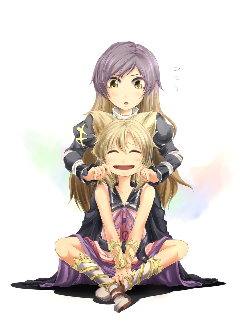 bare_shoulders bracelet brown_hair cheek_pinching closed_eyes flying_sweatdrops gradient_hair highres hijiri_byakuren indian_style jewelry kakao_(noise-111) long_hair multicolored_hair multiple_girls pinching purple_hair short_hair sitting touhou toyosatomimi_no_miko v_arms yellow_eyes