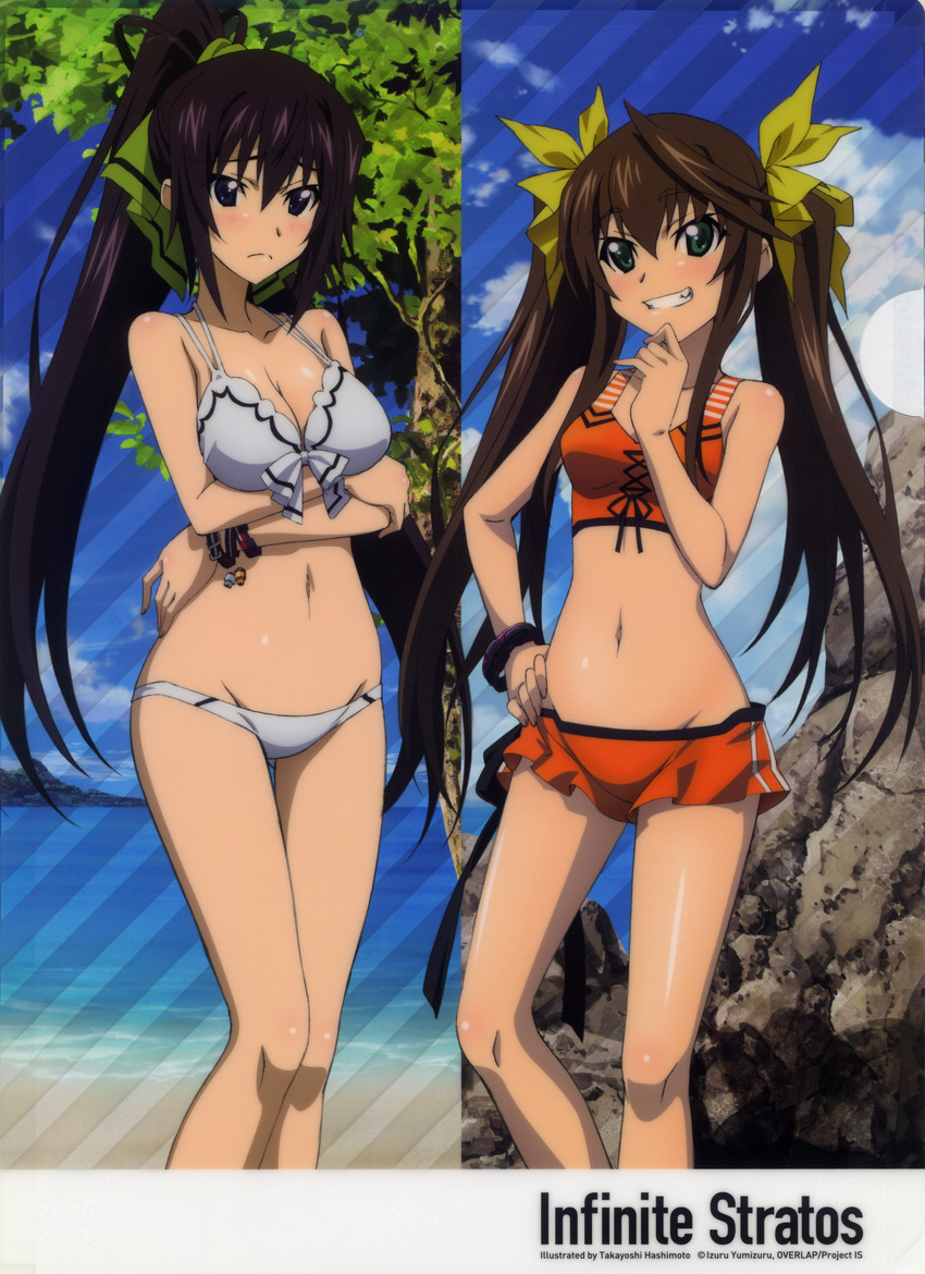 2girls absurdres bare_shoulders beach bikini bleed_through blue_sky blush bracelet breast_hold breasts brown_hair cleavage female girl green_eyes grin hand_on_hip hashimoto_takayoshi highres huang_lingyin infinite_stratos jewelry knees long_hair mound_of_venus multiple_girls navel official_art ponytail purple_eyes purple_hair scan shinonono_houki sky smile split_ponytail swimsuit tankini thigh_gap thighs twintails very_long_hair white_bikini white_swimsuit wristband