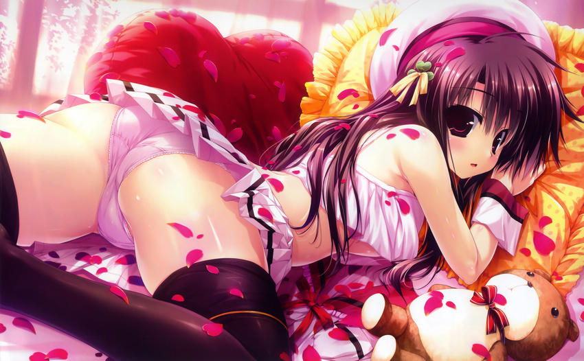 absurdres ass bare_shoulders black_hair black_legwear bow breasts clover clover_hair_ornament frilled_pillow frills hair_ornament hat highres kugayama_konoka long_legs looking_back lying medium_breasts midriff on_stomach panties parted_lips petals pillow pink_panties prism_recollection! purple_eyes ribbon scan shintarou skirt solo stuffed_animal stuffed_toy sweat thighhighs thighs underboob underwear wrist_cuffs