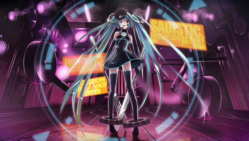 aqua_hair boots copyright_name elbow_gloves fork gears gloves hat hatsune_miku headset highres knife long_hair open_mouth oversized_object peaked_cap project_diva_(series) project_diva_f red_eyes sadistic_music_factory_(vocaloid) solo thigh_boots thighhighs twintails very_long_hair vocaloid yonasawa