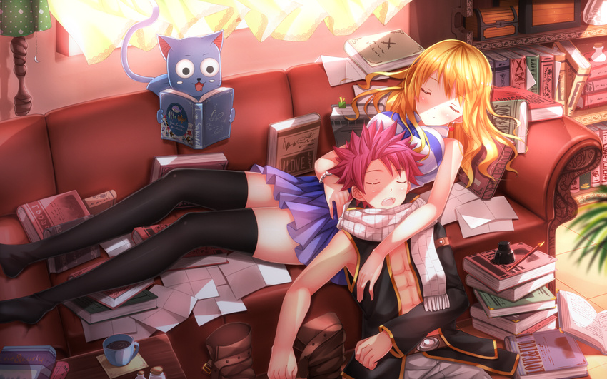 1girl abs asymmetrical_clothes bare_shoulders black_legwear blonde_hair blush book bookshelf boots boots_removed coffee couch couple cup curtains fairy_tail happy_(fairy_tail) highres indoors inkwell lamp long_hair long_legs lucy_heartfilia md5_mismatch natsu_dragneel open_mouth paper pink_hair reading scarf short_hair sleeping sunlight swordsouls thighhighs