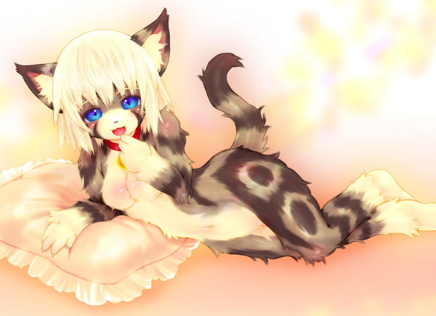 blonde_hair blue_eyes blush breasts cat claws collar feline female furry hair jewelry looking_at_viewer mammal navel necklace nude pillow smile solo tail tashiro_yuu tetetor-oort unknown_artist white_hair