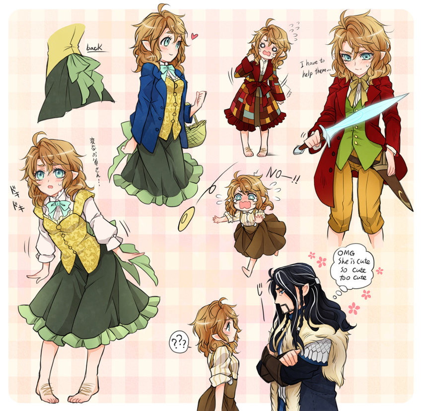 1girl ? barefoot basket bilbo_baggins black_hair blonde_hair blue_eyes blush bow closed_mouth dish english frilled_skirt frills genderswap genderswap_(mtf) glowing glowing_sword glowing_weapon green_skirt heart holding holding_sword holding_weapon jacket lord_of_the_rings md5_mismatch motion_lines multiple_views pants plate pointy_ears robe sheath shinzui_(fantasysky7) skirt standing sting_(sword) sweatdrop sword tears the_hobbit thorin_oakenshield thought_bubble translated unsheathed vest weapon