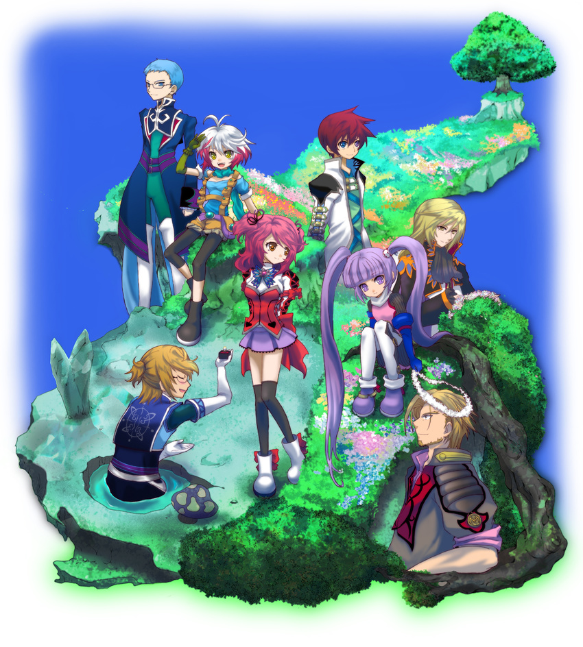 5boys arms_behind_back asbel_lhant black_legwear blonde_hair blue_eyes blue_hair bodysuit boots brooch brown_eyes cheria_barnes coat cravat flower glasses gloves heterochromia highres hubert_ozwell jewelry kirita_(noraring) malik_caesars multicolored_hair multiple_boys multiple_girls mushroom outdoors pascal pink_hair proposal puffy_sleeves purple_eyes purple_hair purple_skirt red_hair reimon richard_(tales) scarf shoes short_hair shorts sitting skirt smile sophie_(tales) tales_of_(series) tales_of_graces thighhighs tree twintails two-tone_hair white_hair wreath yellow_eyes